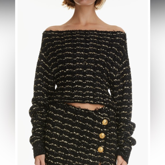 Balmain Off the Shoulder Metallic Tweed Cropped Sweater size 42 | 8 - Picture 1 of 6